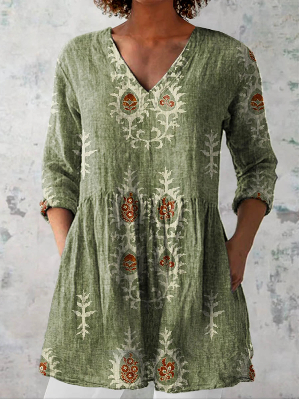 Folk Print V-Neck Blouse