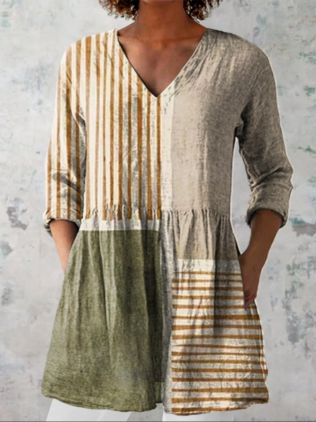 Striped Patchwork V-Neck Blouse