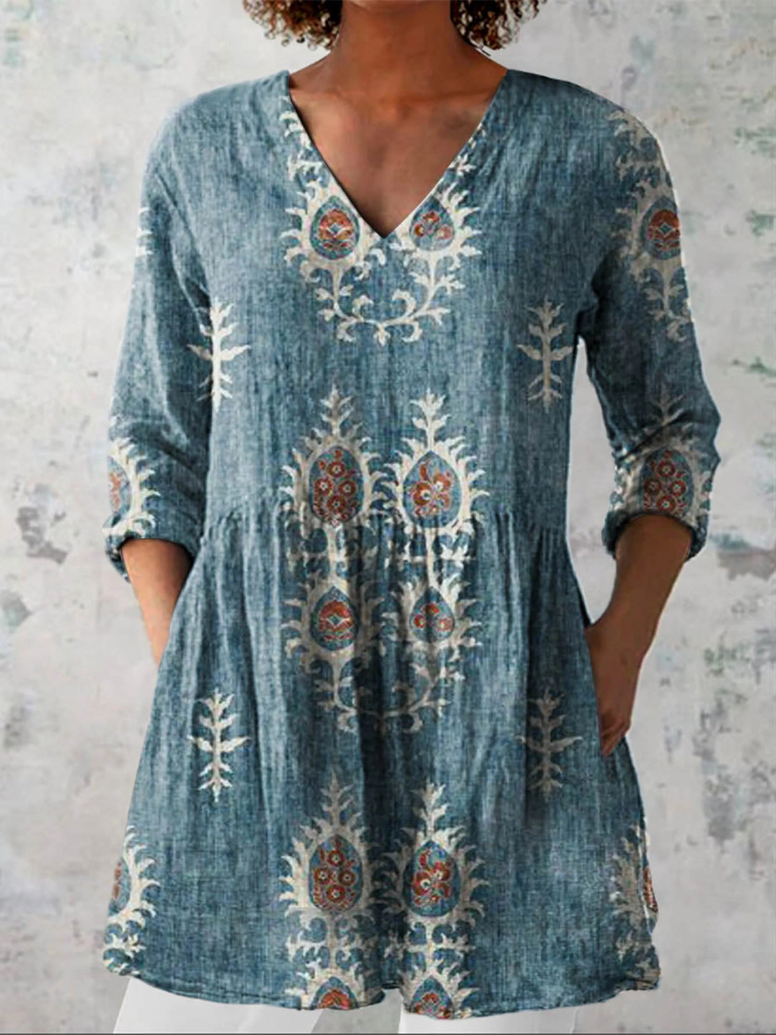 Folk Print V-Neck Blouse