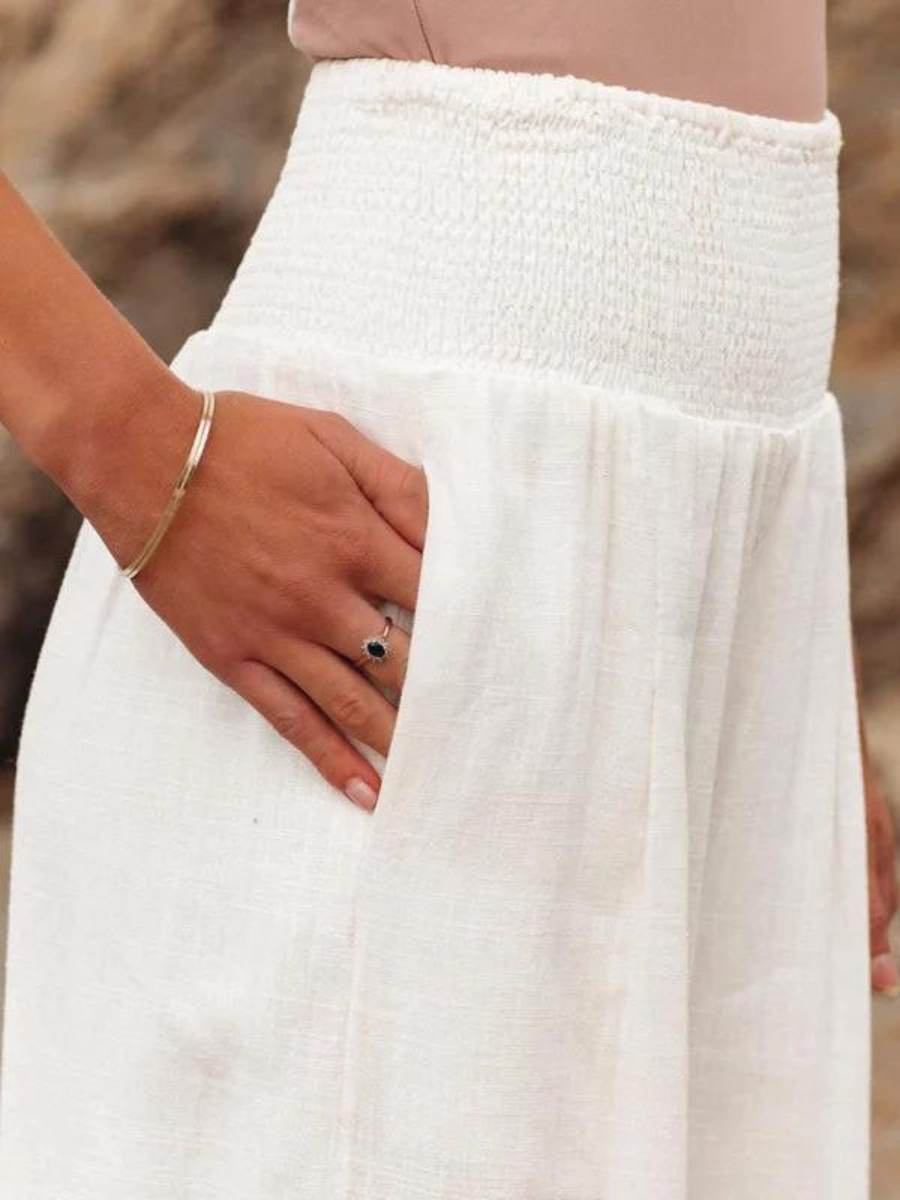 Smocked-Waist Wide-Leg Linen-Look Trousers