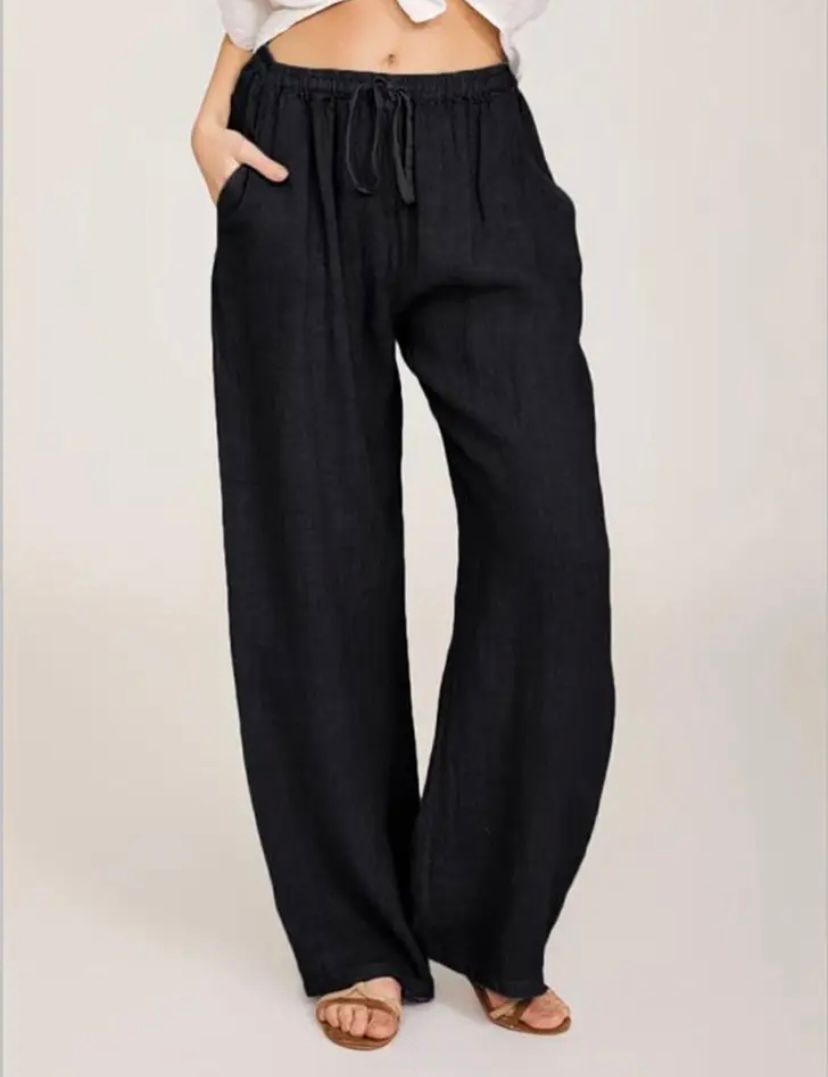 Drawstring Linen-Look Wide Trousers