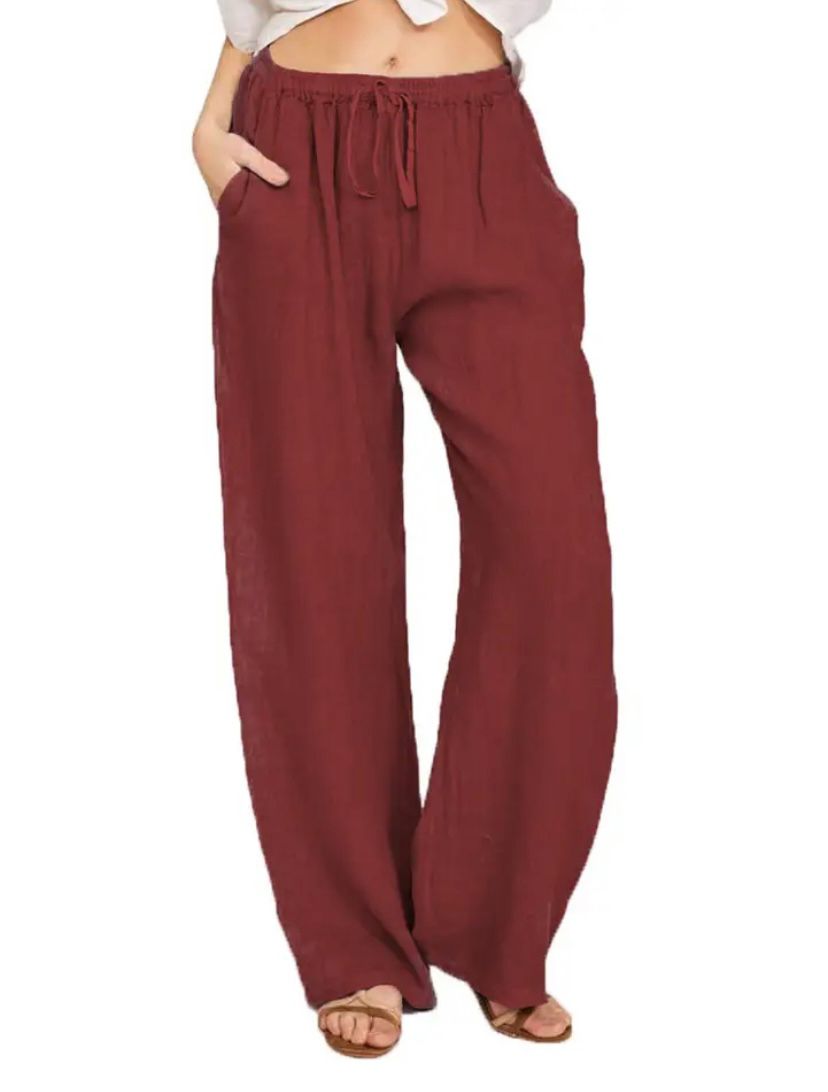 Drawstring Linen-Look Wide Trousers