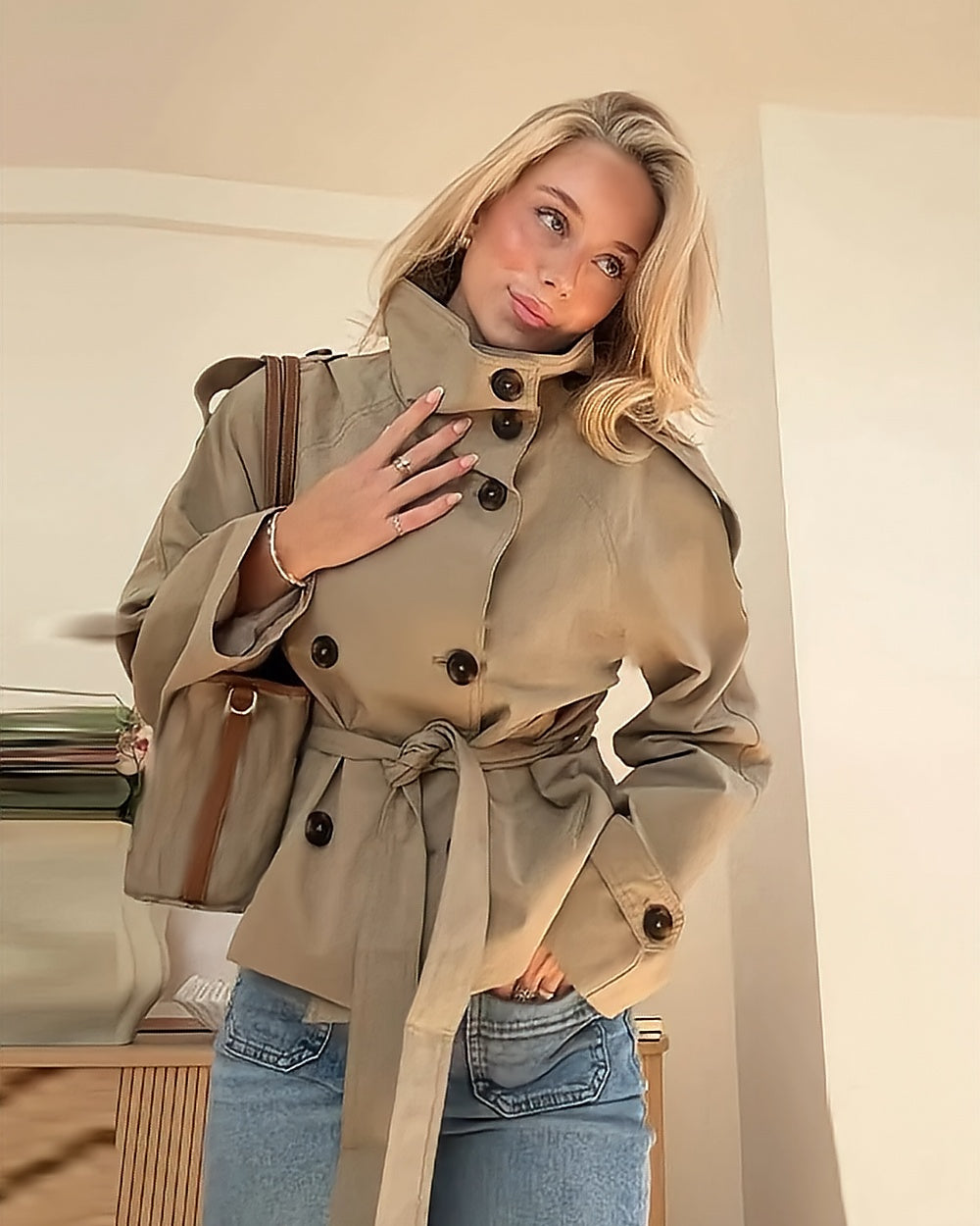 Belted Cropped Trench Jacket – Khaki