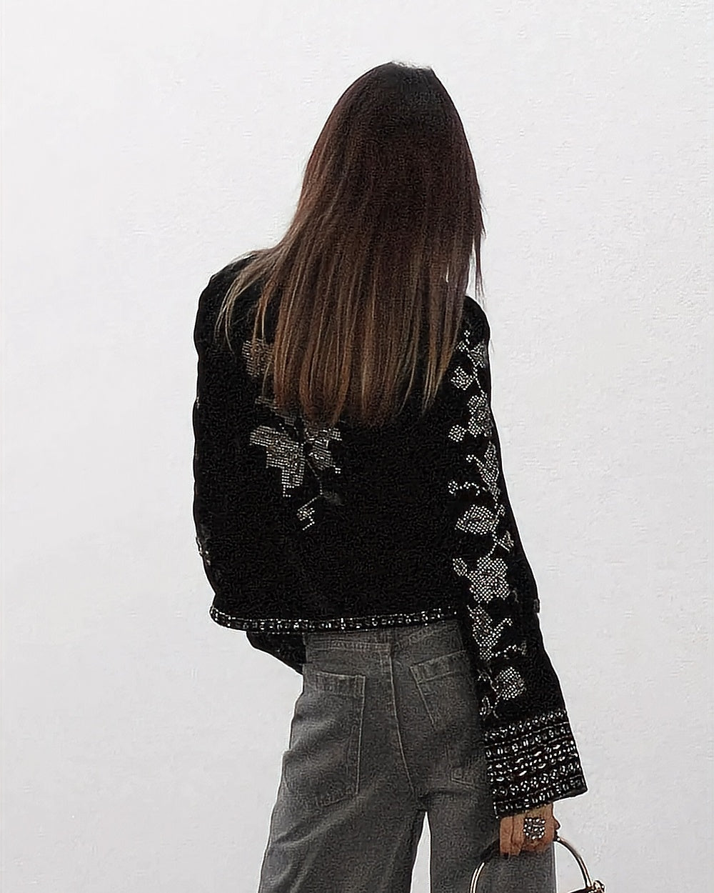 Embroidered Velvet Cropped Jacket – Black