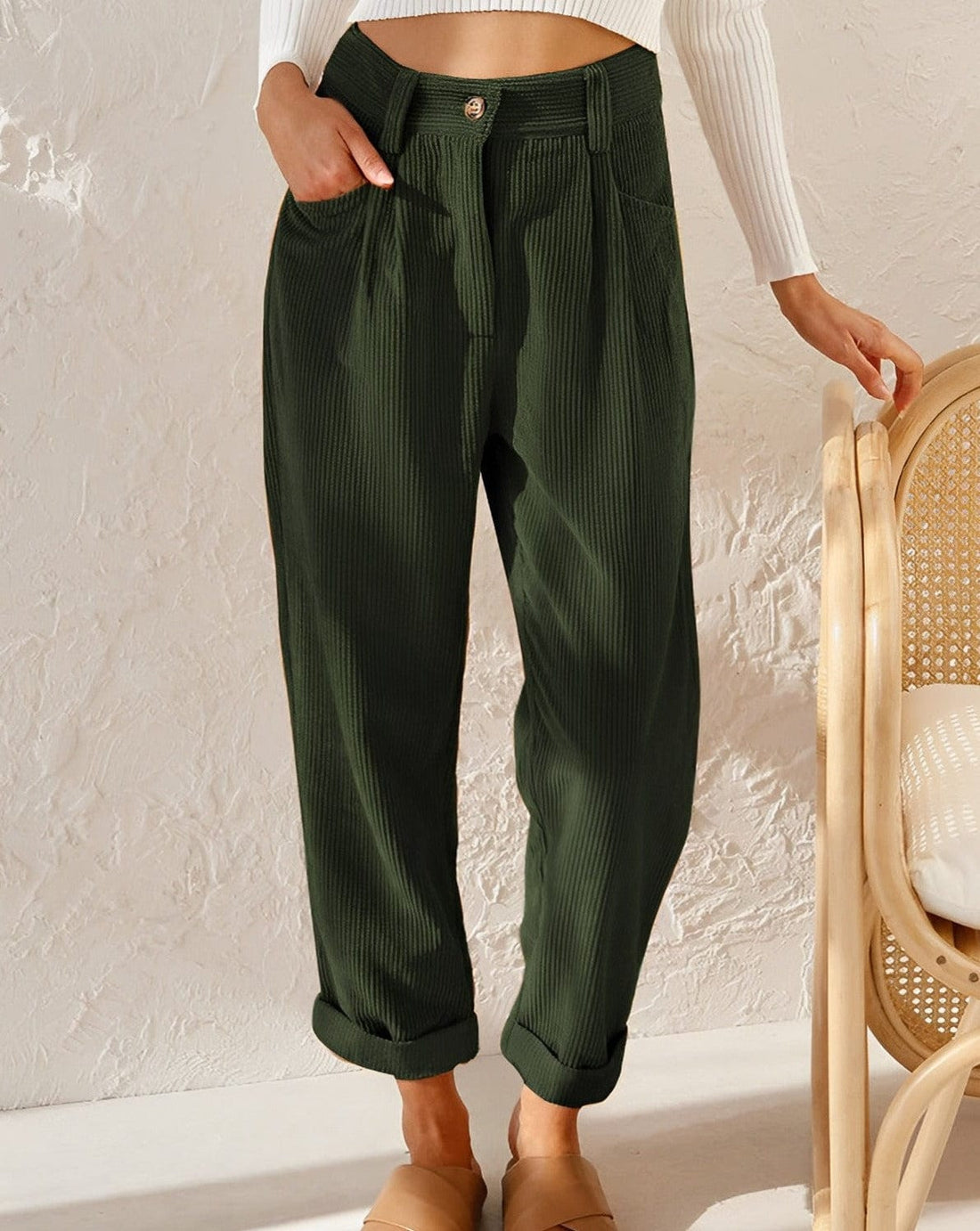 Pleated Corduroy Barrel Trousers