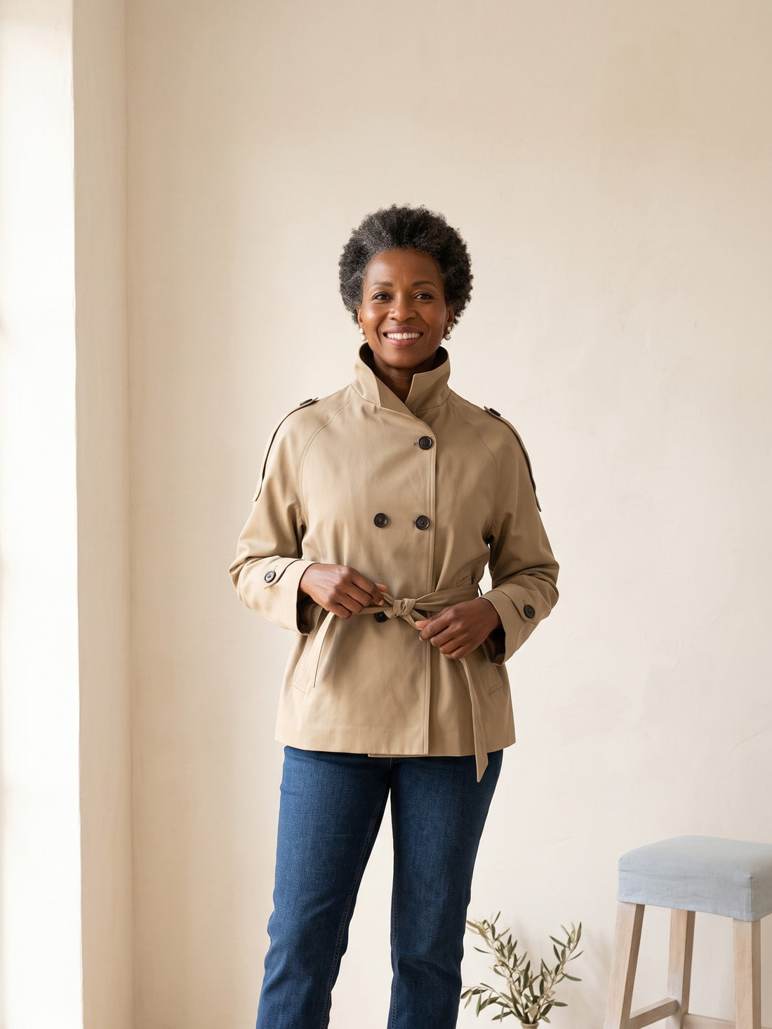 Woman wearing the Belted Cropped Trench Jacket