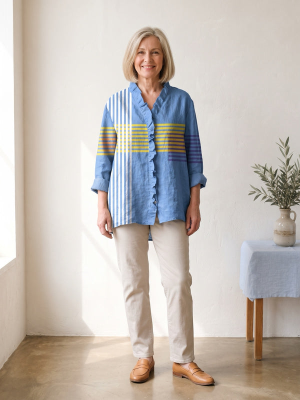 Blue Striped Ruffle Shirt