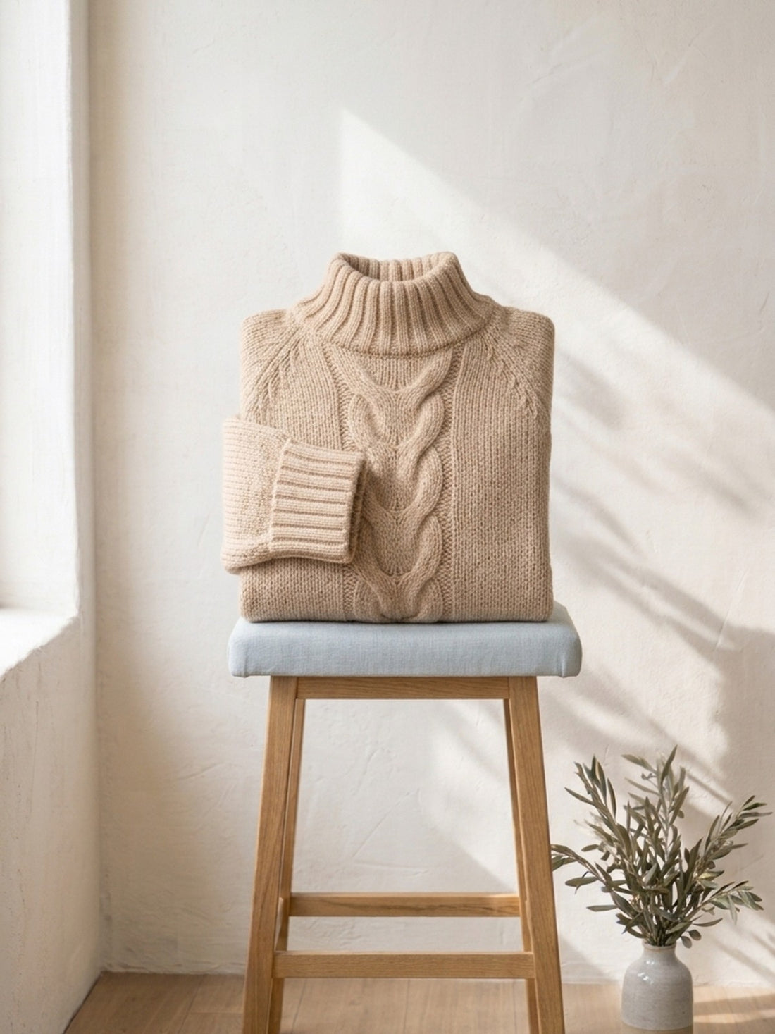 Beige Cable-Knit Stand-Collar Jumper folded on a stool