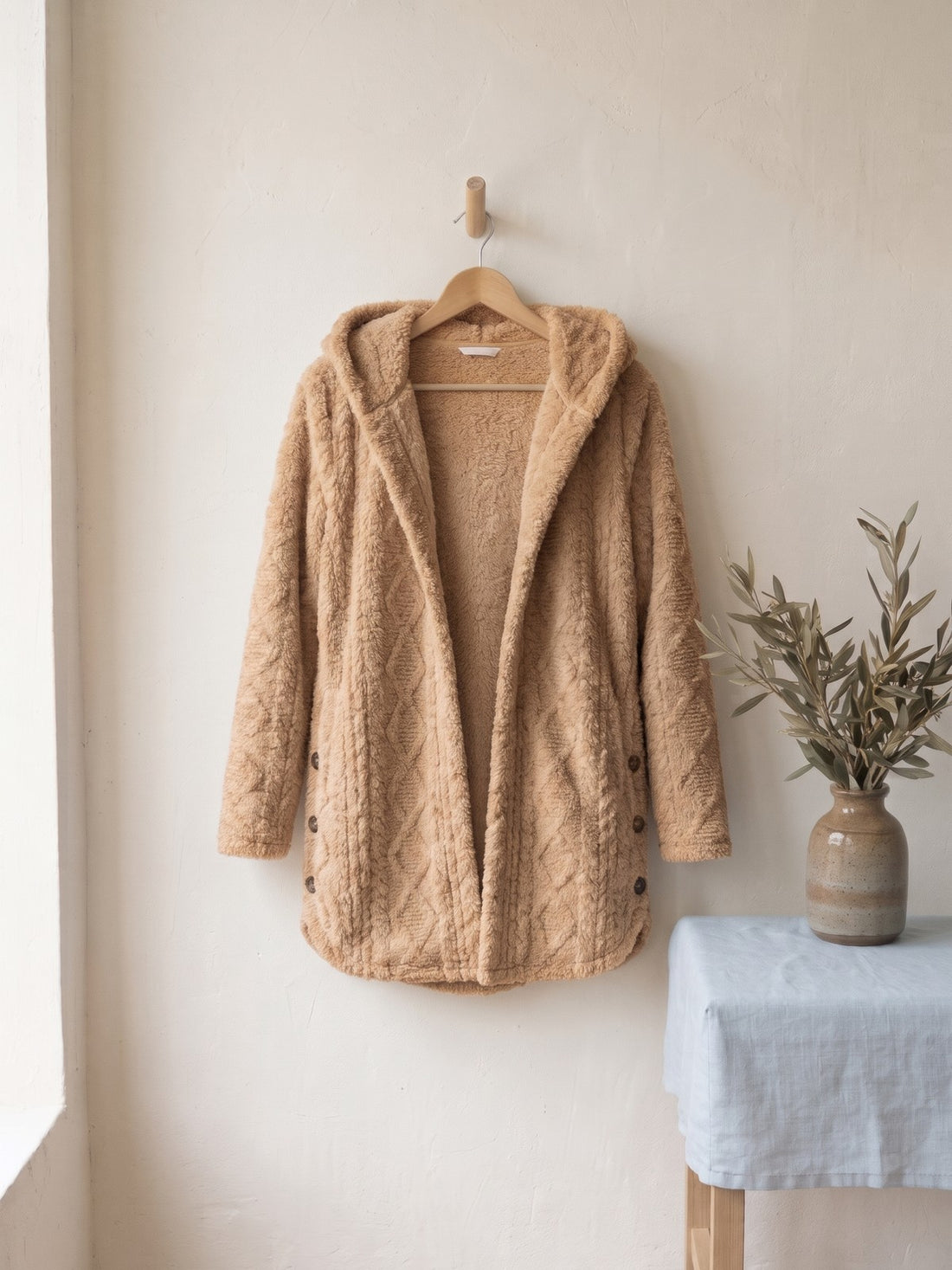 Cable-Texture Teddy Hooded Jacket in Camel