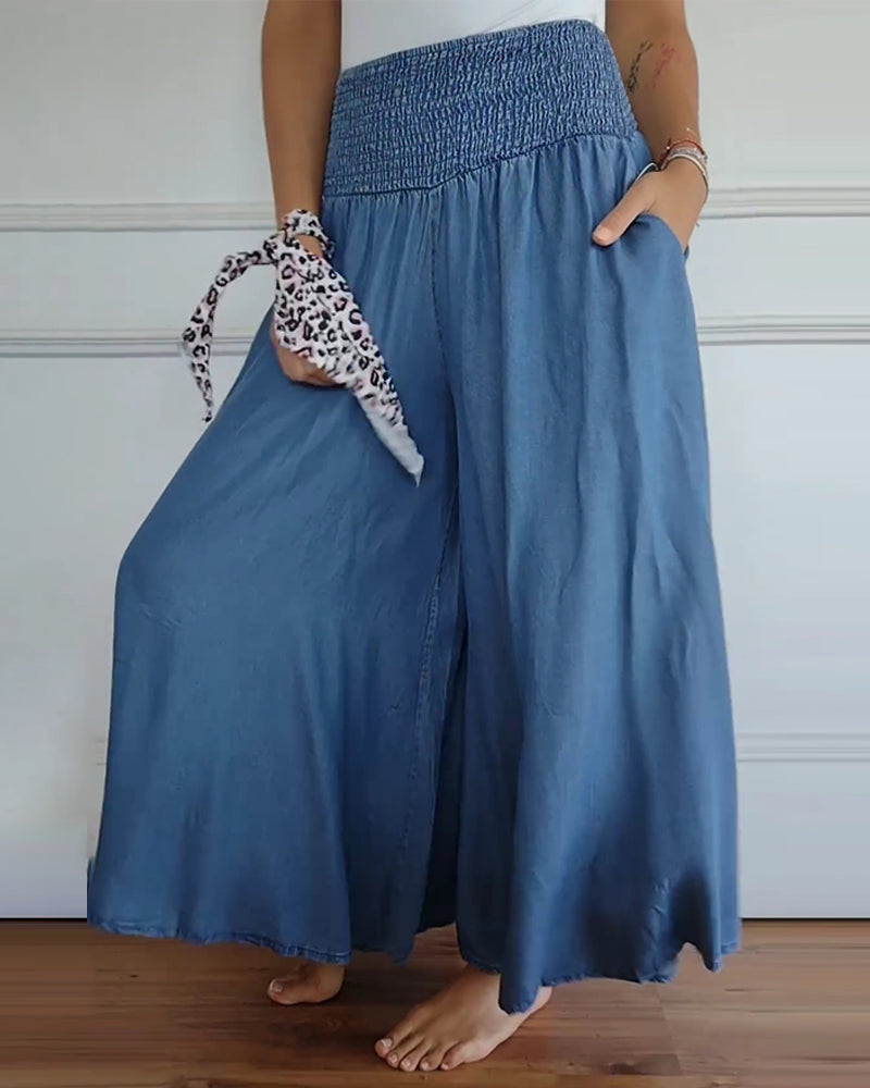 Smocked-Waist Palazzo Trousers