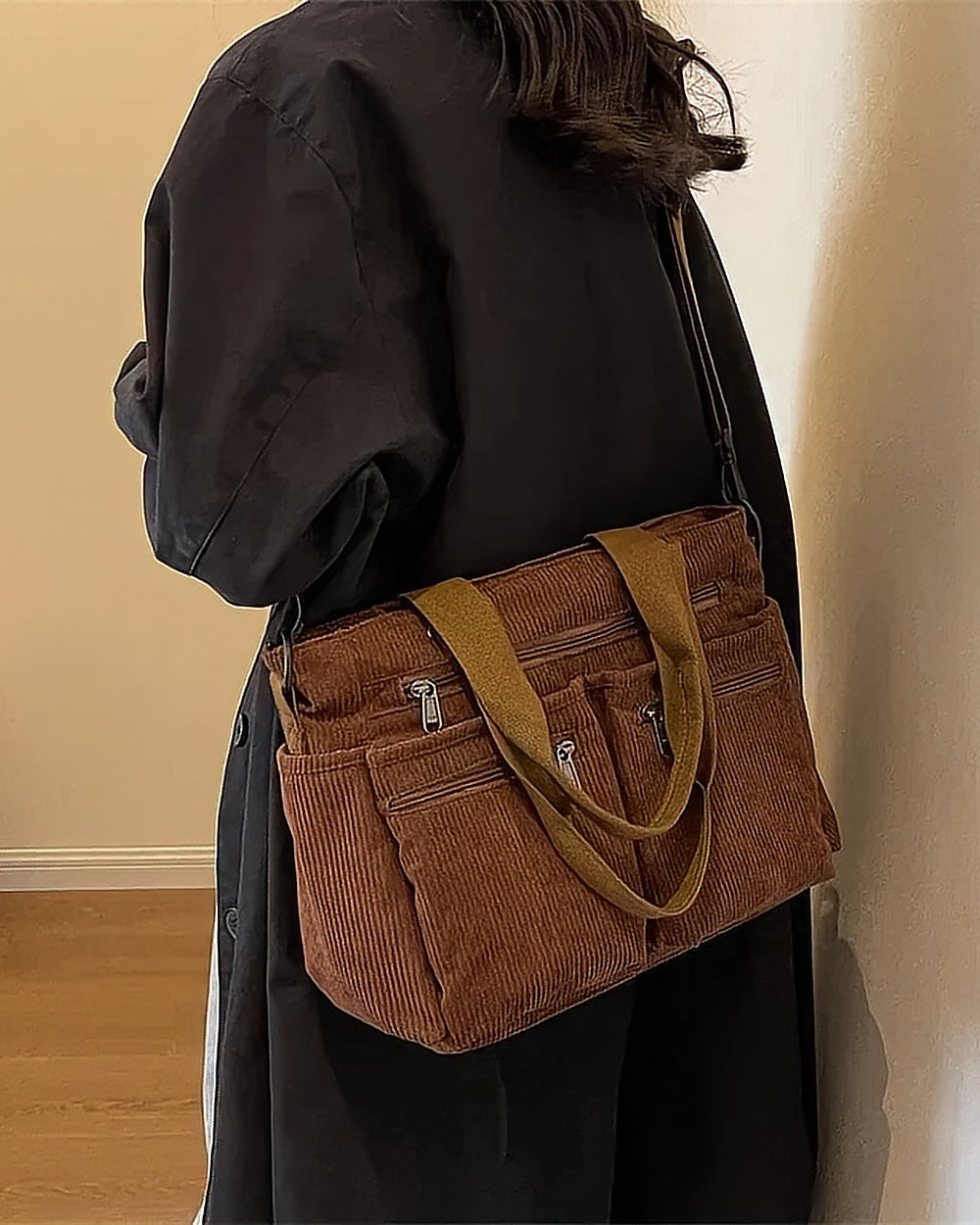 Corduroy Multi-Pocket Shoulder Bag – Brown