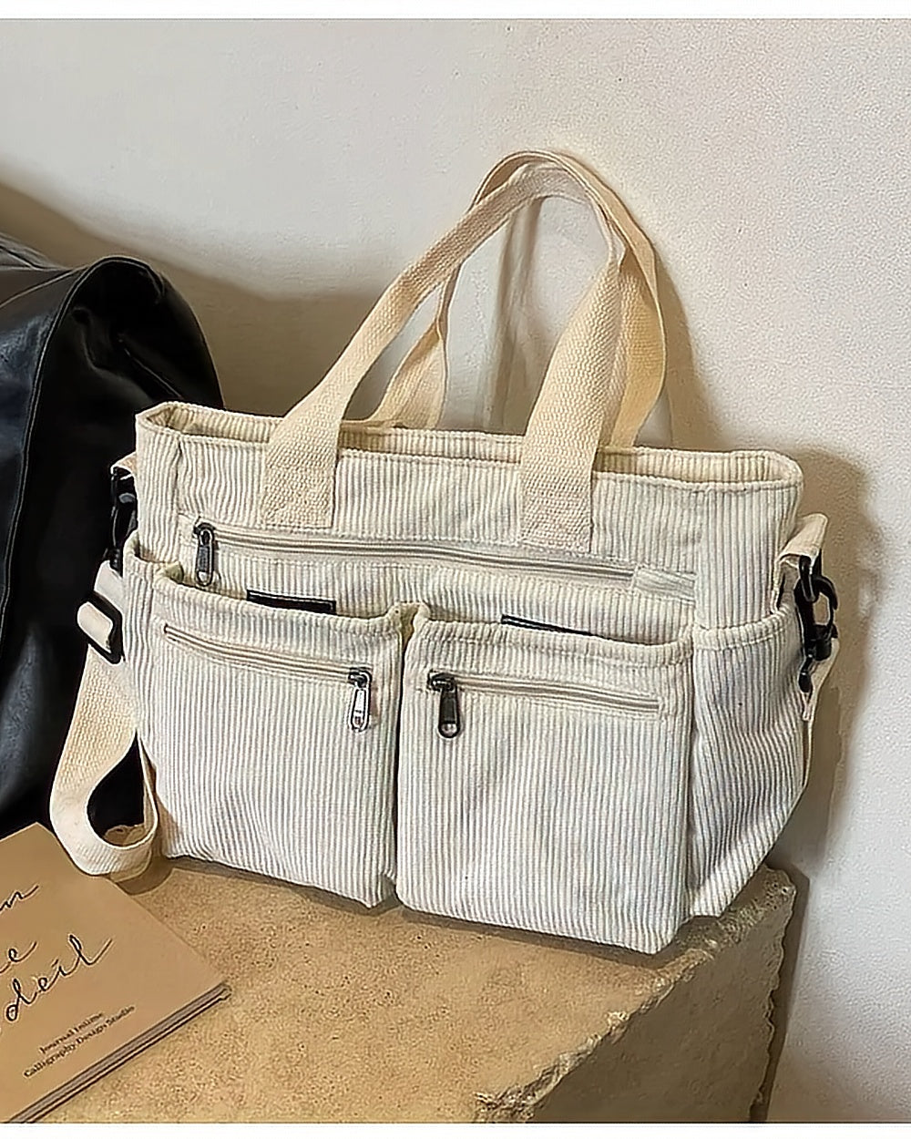 Corduroy Multi-Pocket Shoulder Bag – Cream