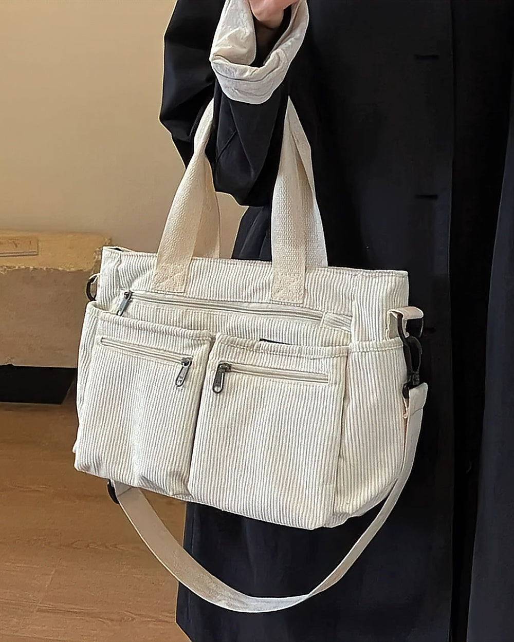 Corduroy Multi-Pocket Shoulder Bag – Cream