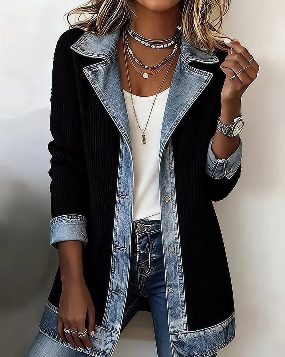 Rib-Knit Denim-Trim Jacket – Black