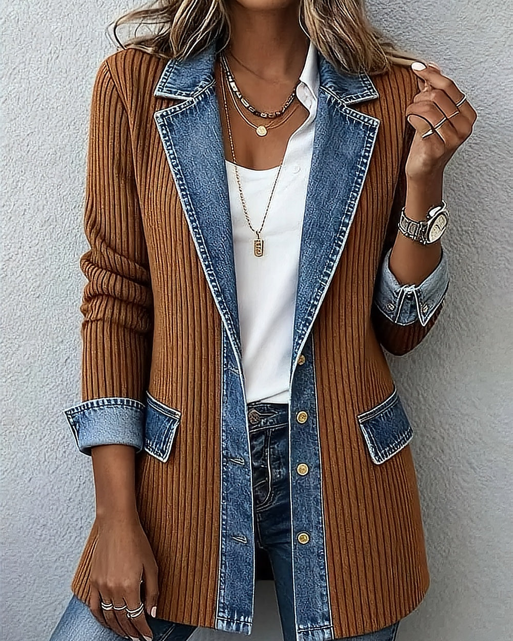 Rib-Knit Denim-Trim Jacket – Camel