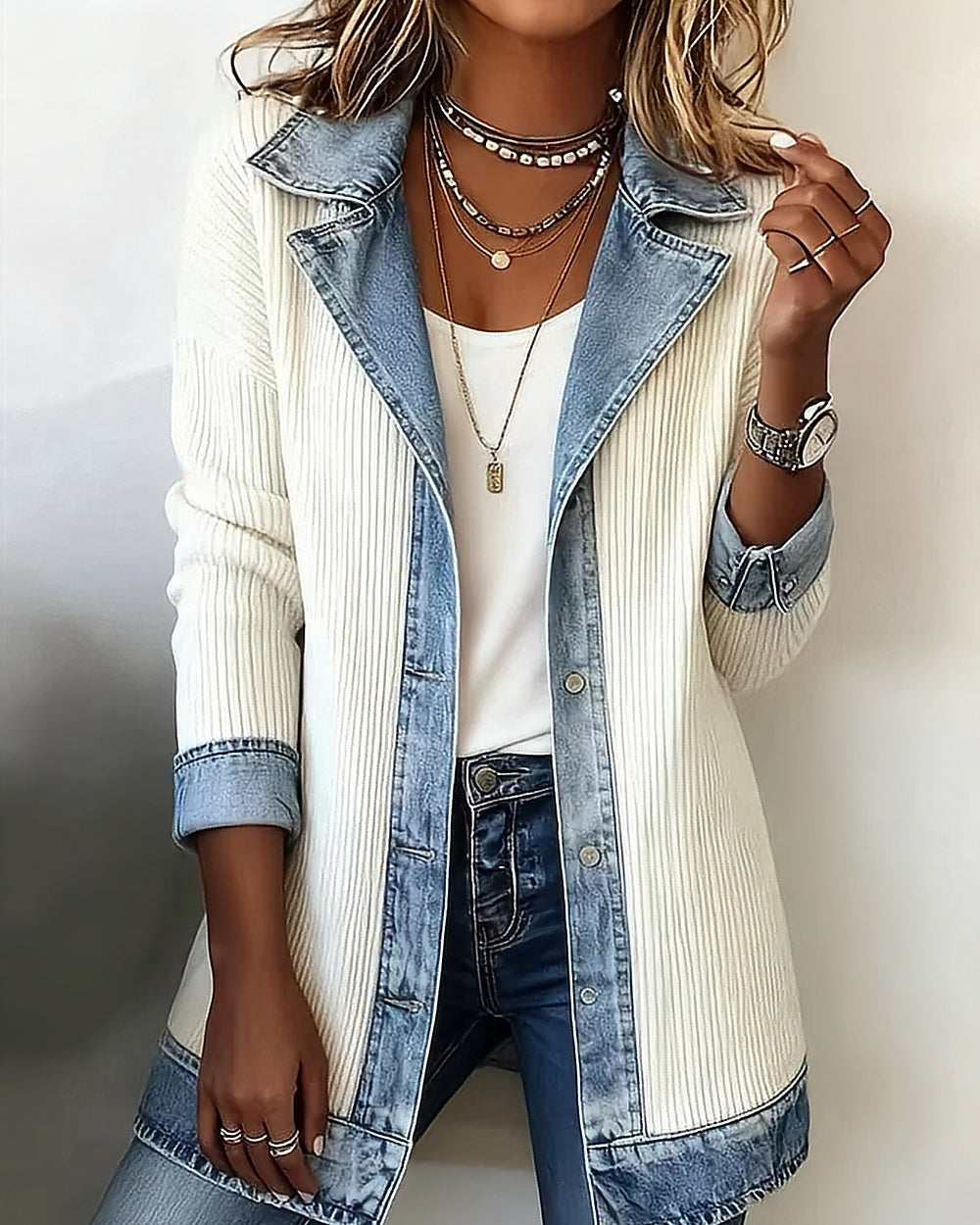 Rib-Knit Denim-Trim Jacket – Ivory