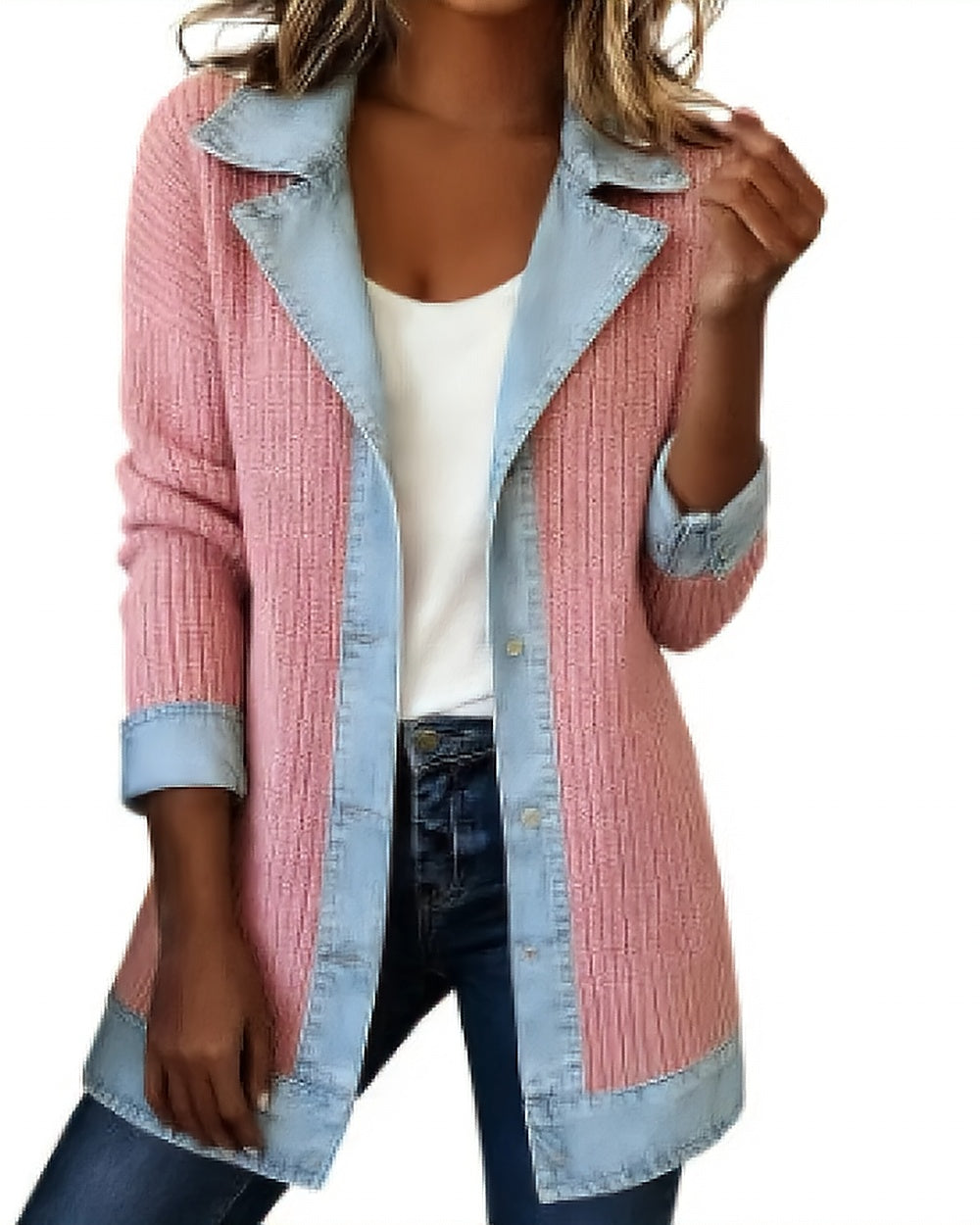 Rib-Knit Denim-Trim Jacket – Pink