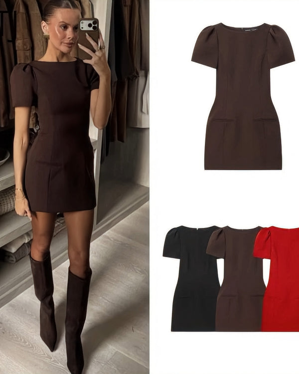 Brown Puff-Sleeve Fitted Dress