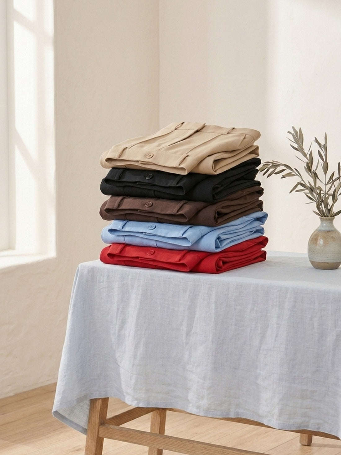 Tailored trousers in khaki, black, chocolate, sky blue and red