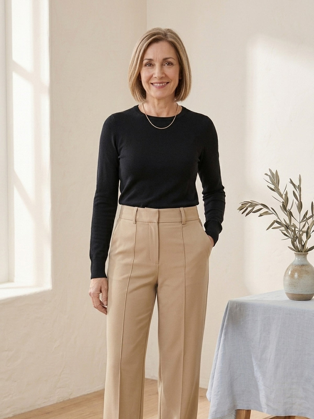 Woman in her fifties wearing the khaki High-Waist Wide-Leg Tailored Trousers with a black top