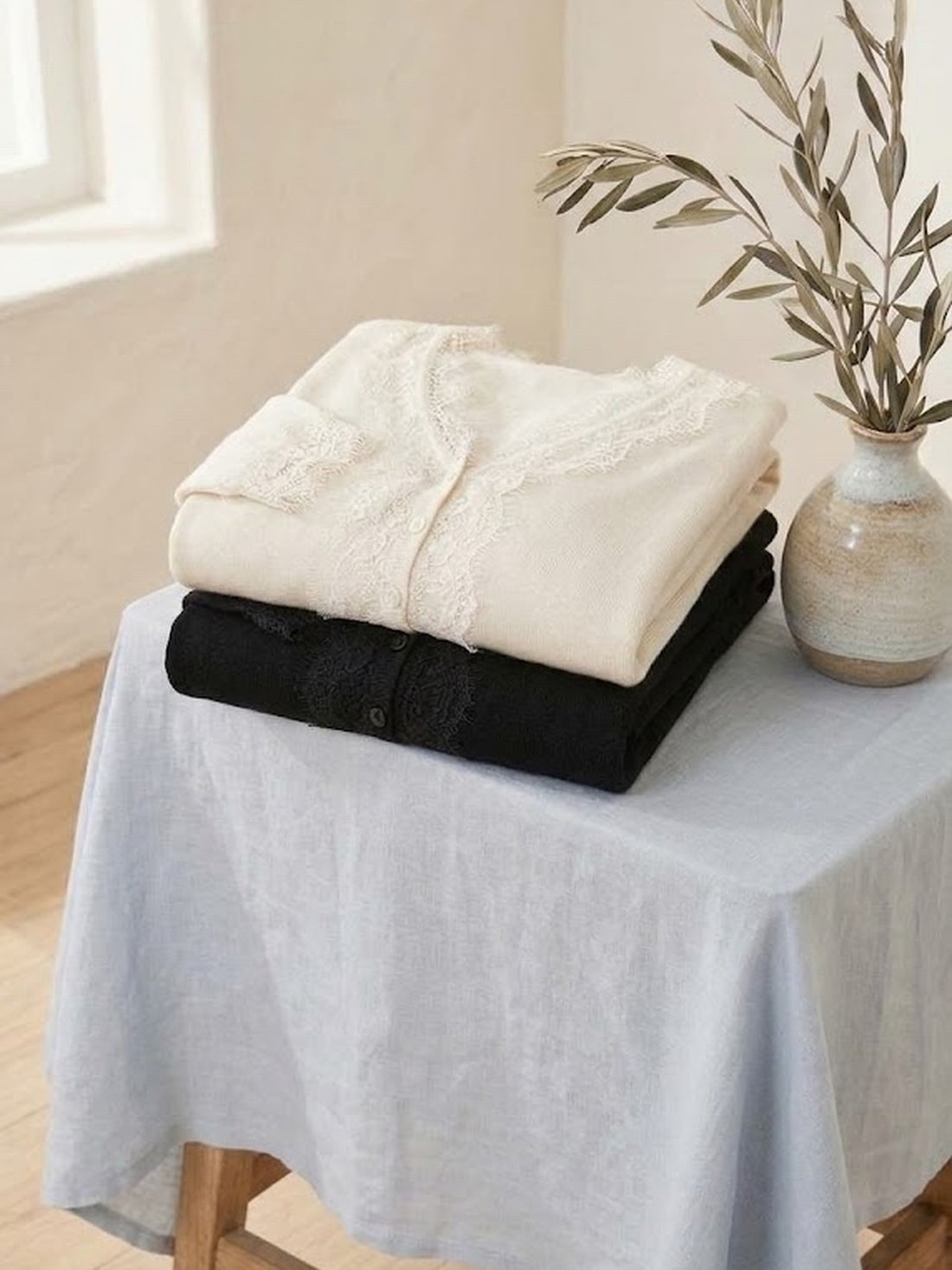 Lace-Trim V-Neck Knit Cardigan in ivory and black