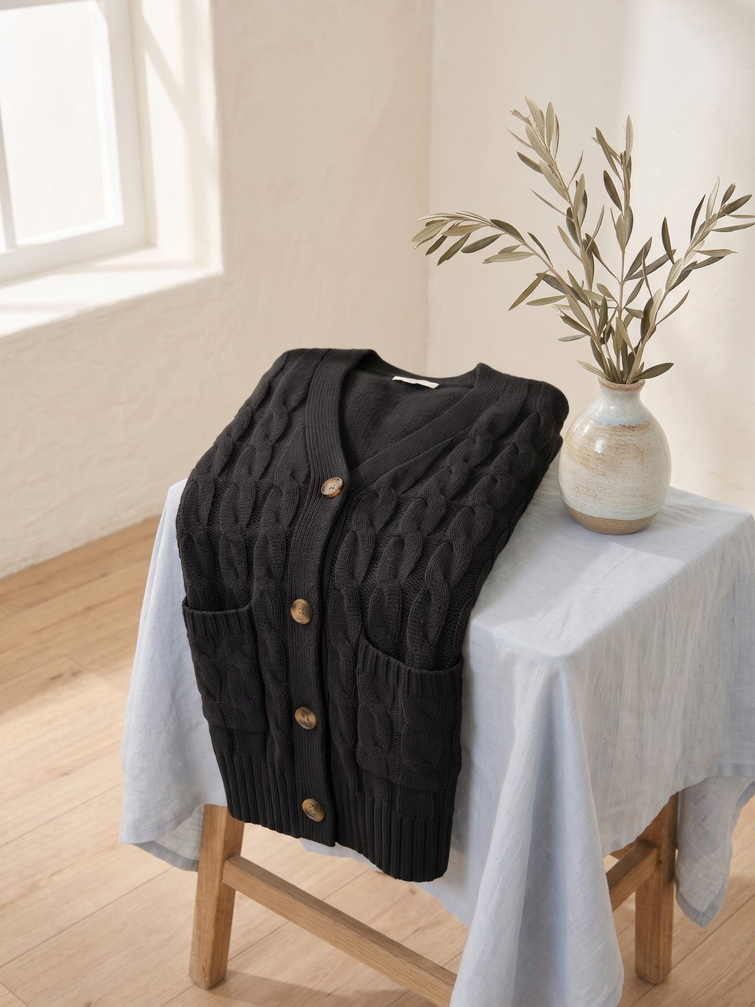 Long Cable-Knit Cardigan in Black