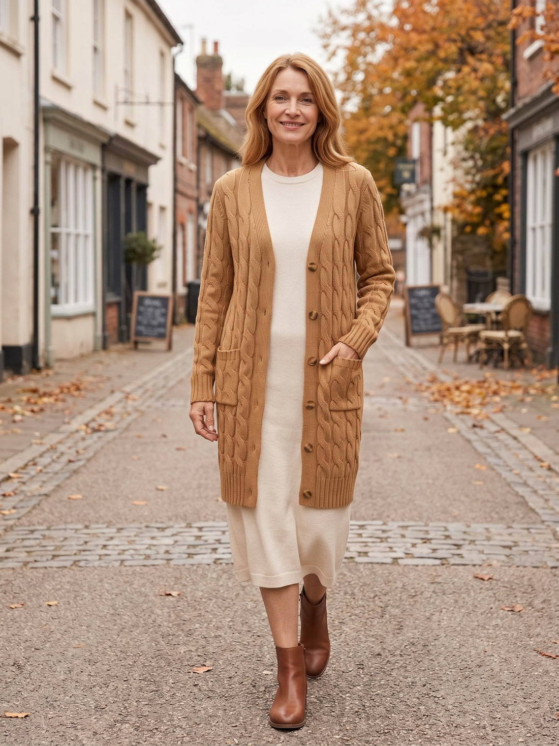 Woman in her fifties wearing the camel Long Cable-Knit Cardigan open over a cream knit dress