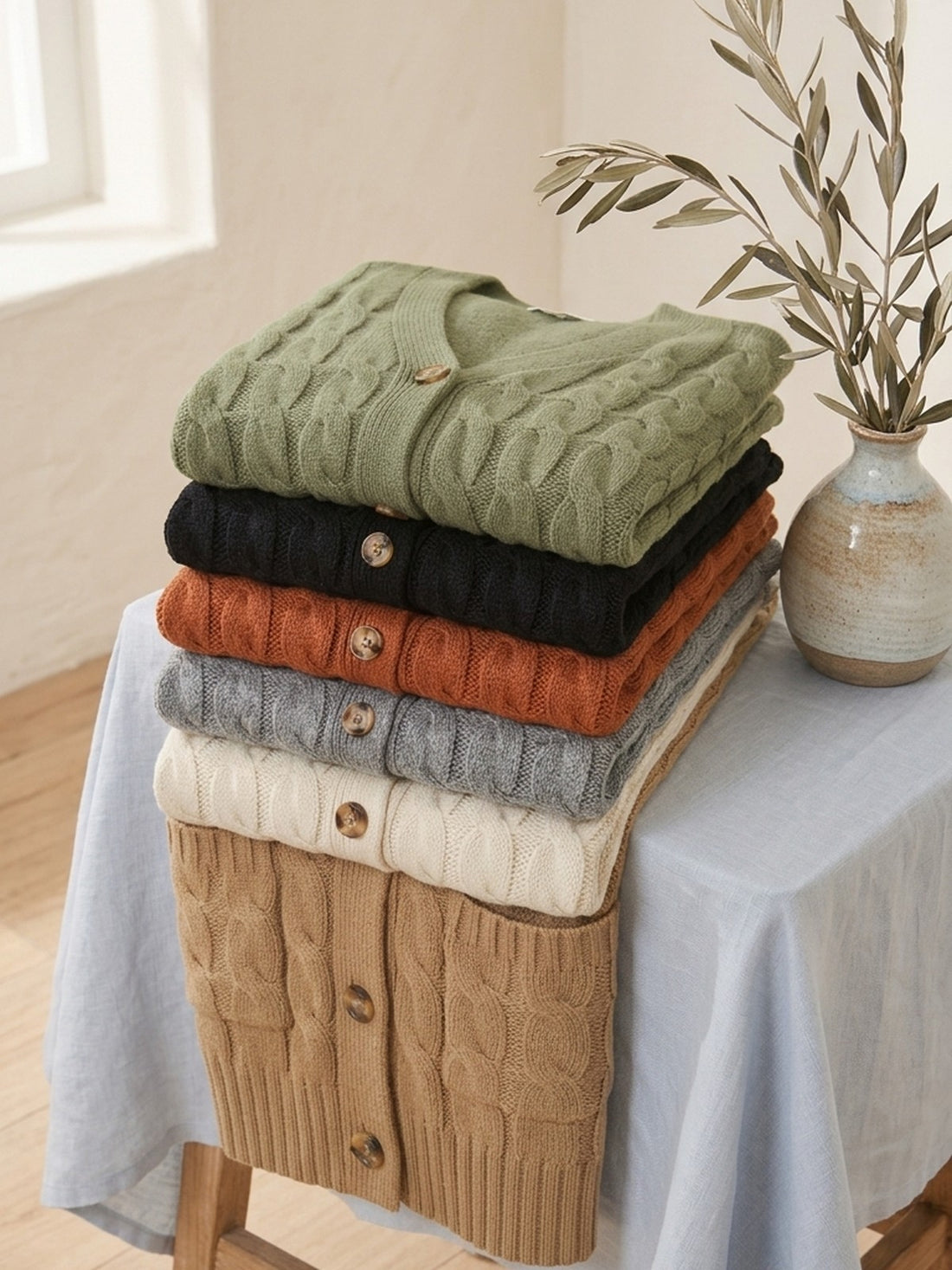 Long Cable-Knit Cardigan in all six colours: olive, black, rust, grey, cream and camel