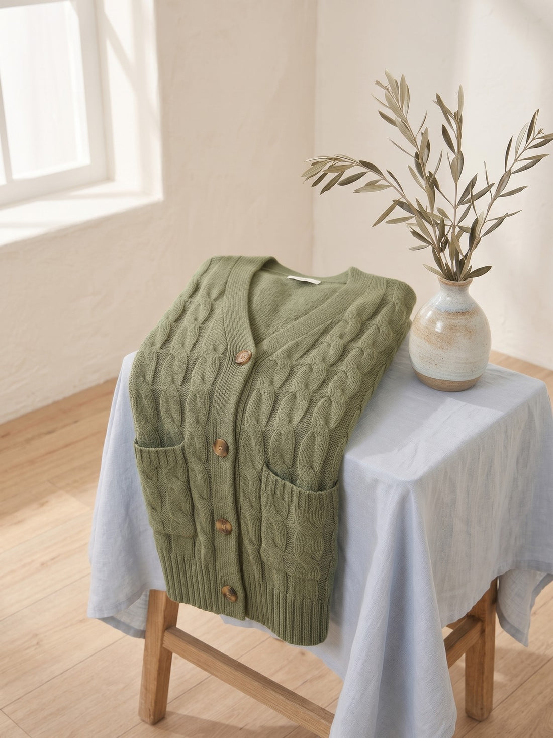 Long Cable-Knit Cardigan in Olive