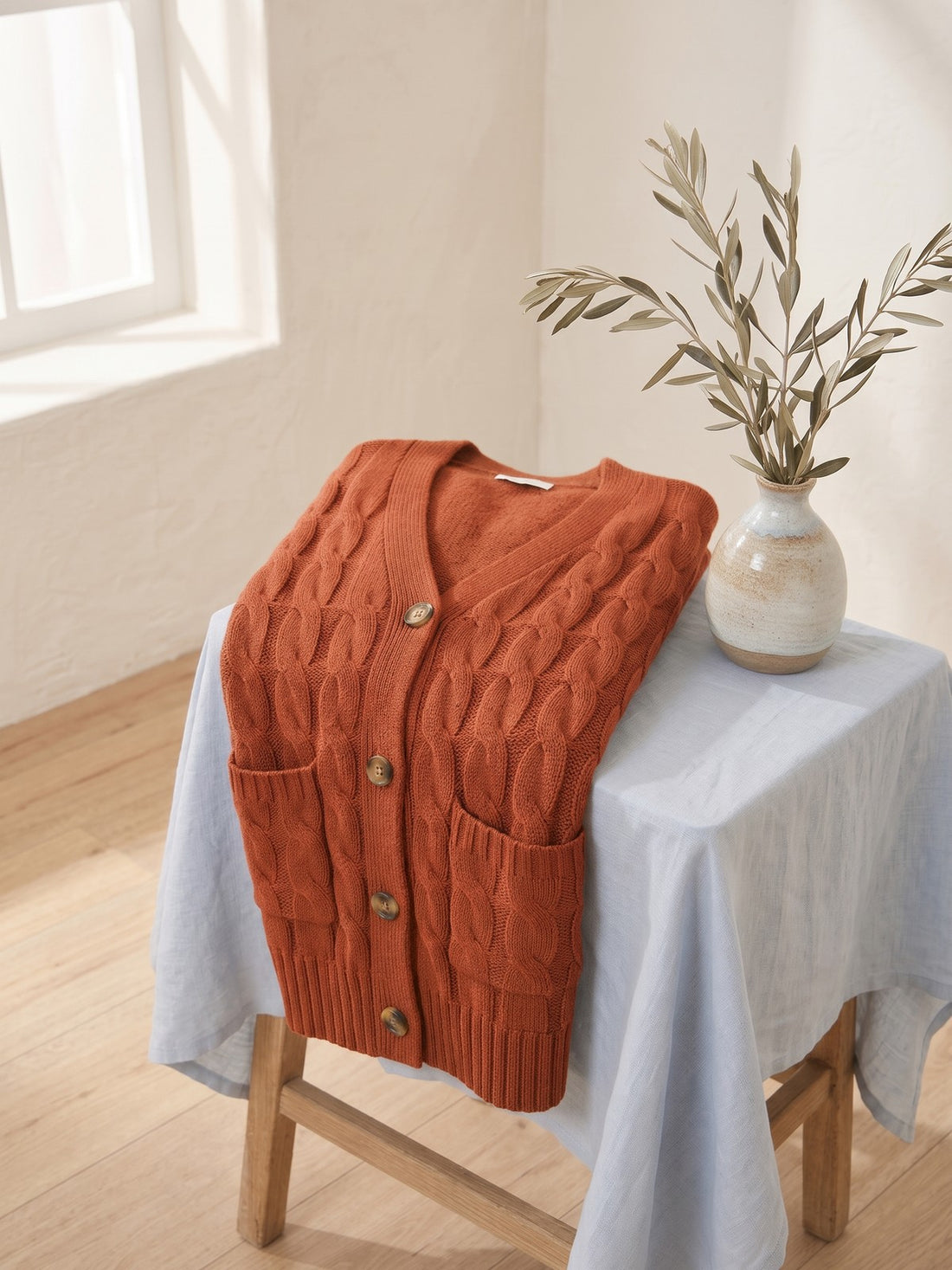 Long Cable-Knit Cardigan in Rust
