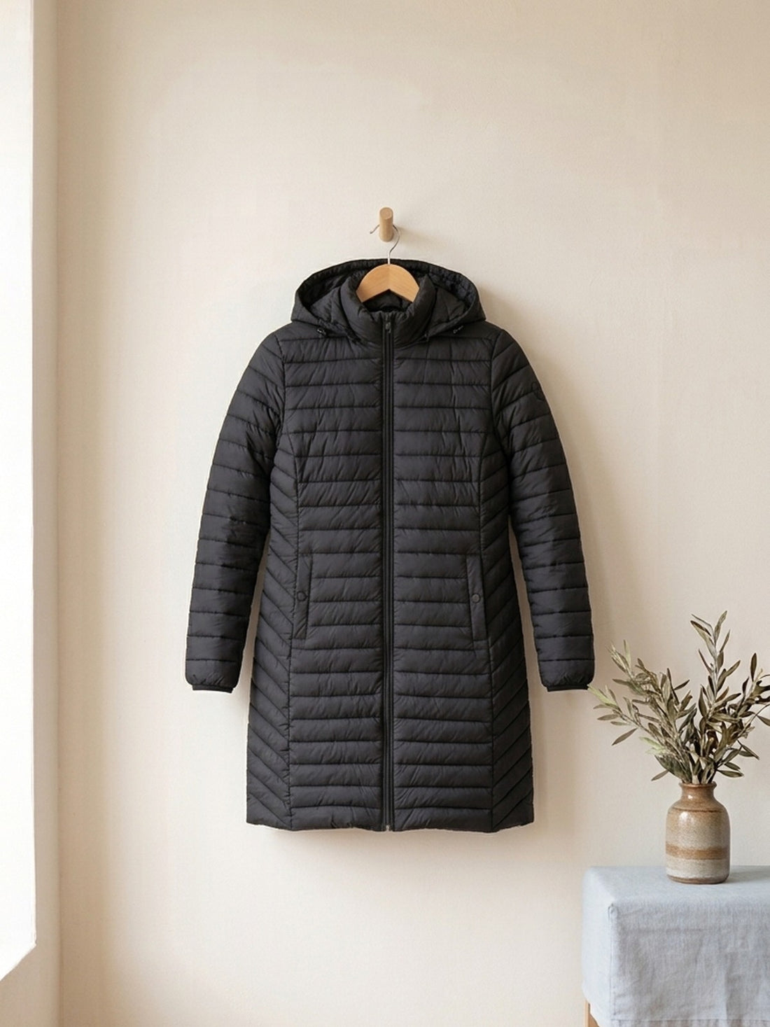 Long Padded Hooded Parka in Black