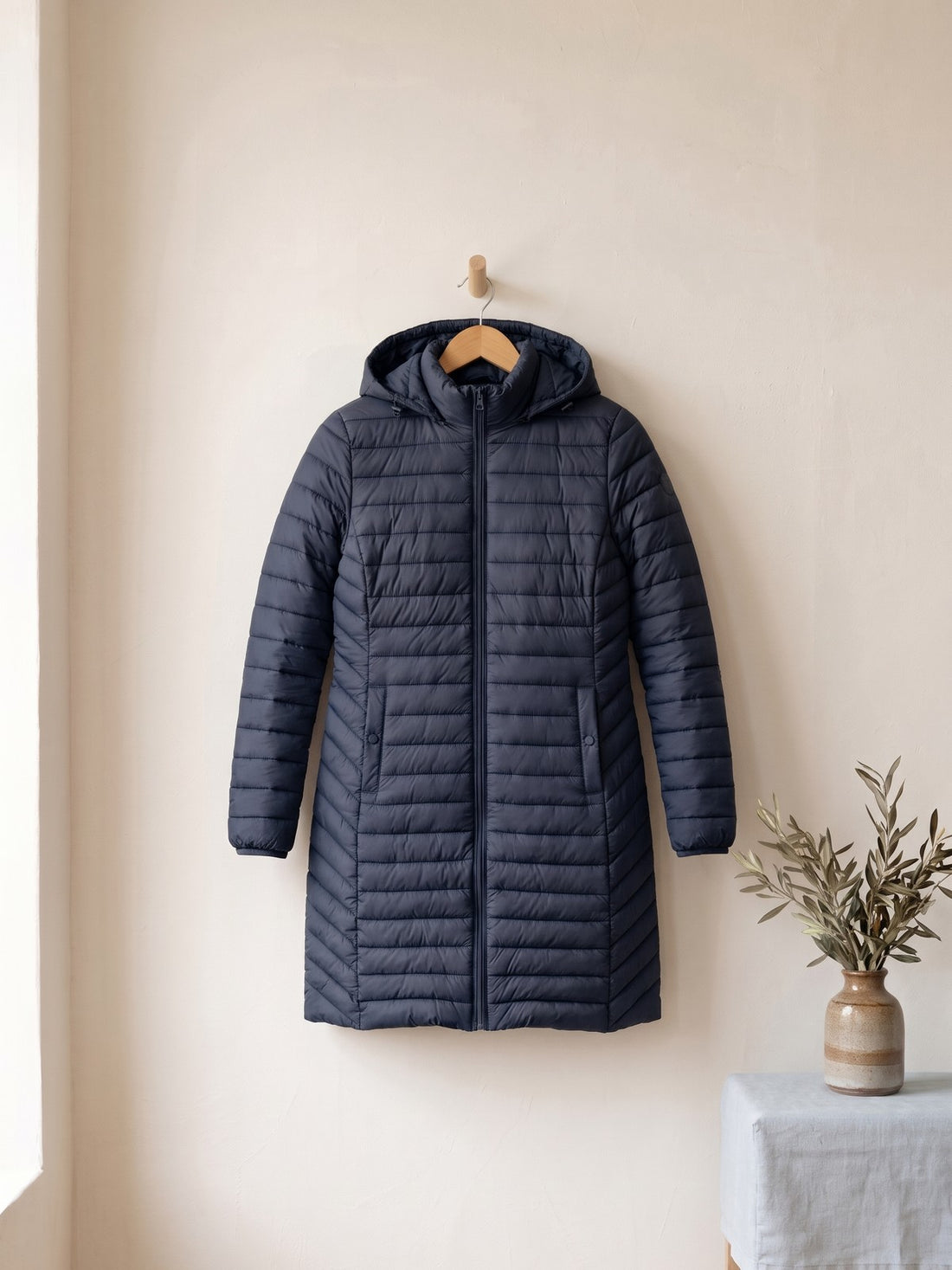 Long Padded Hooded Parka in Navy
