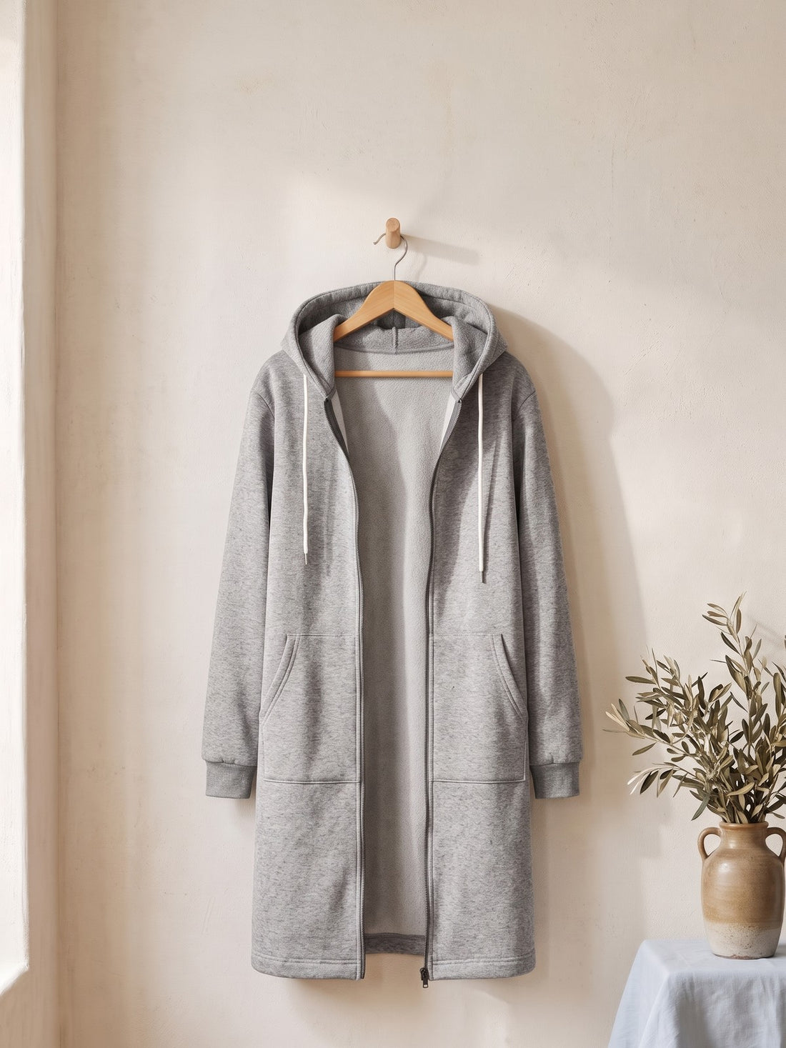 Longline Zip-Up Hoodie Coat in Grey