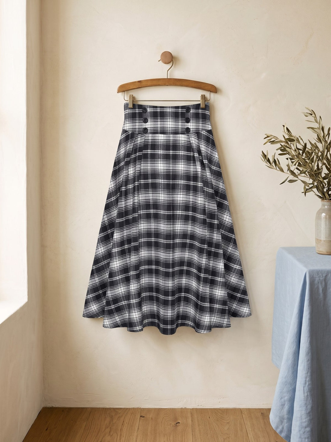 Plaid A-Line Midi Skirt in Black & White Check