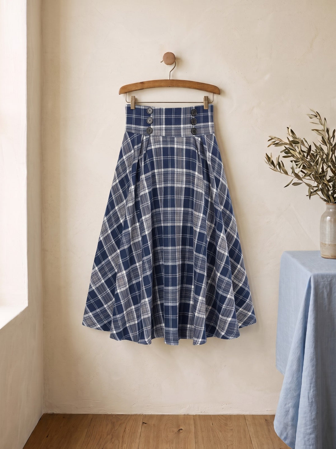 Plaid A-Line Midi Skirt in Blue Check