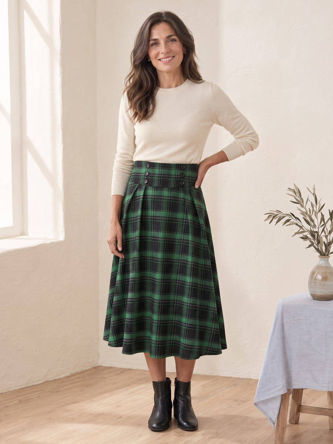 Woman in her fifties wearing the green check Plaid A-Line Midi Skirt with a cream jumper