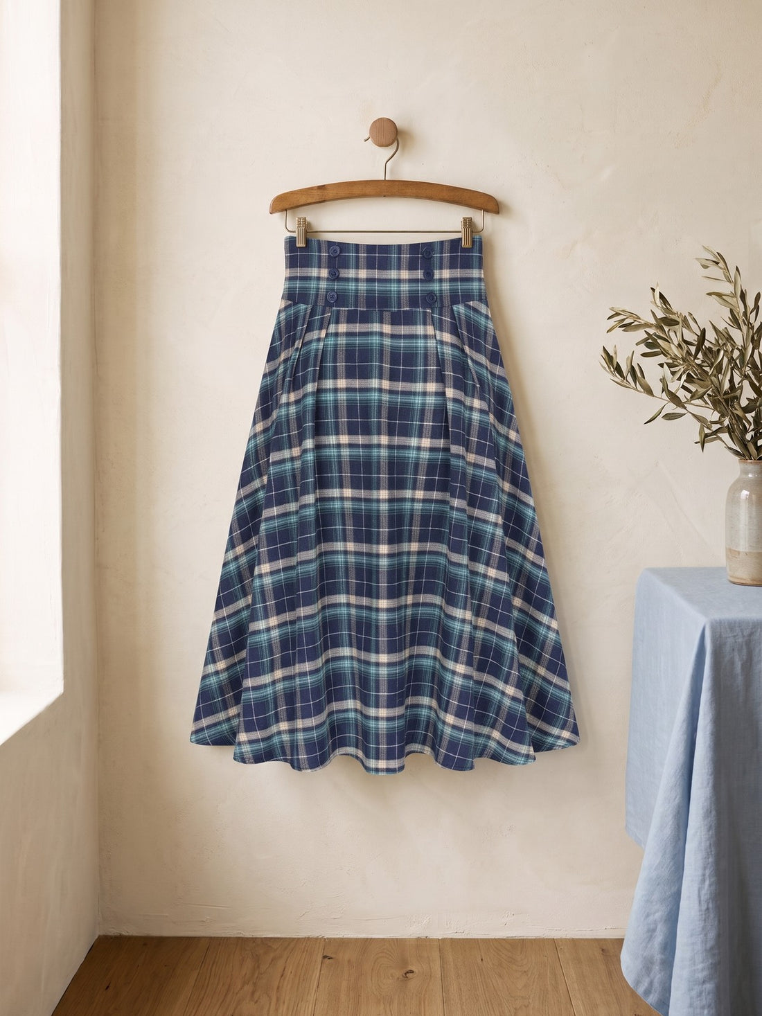 Plaid A-Line Midi Skirt in Navy Check