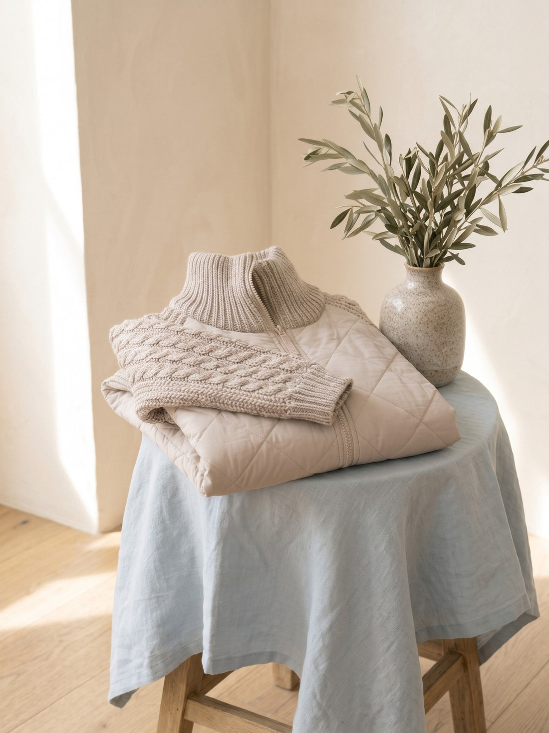 Quilted Jacket with Cable-Knit Sleeves in Beige