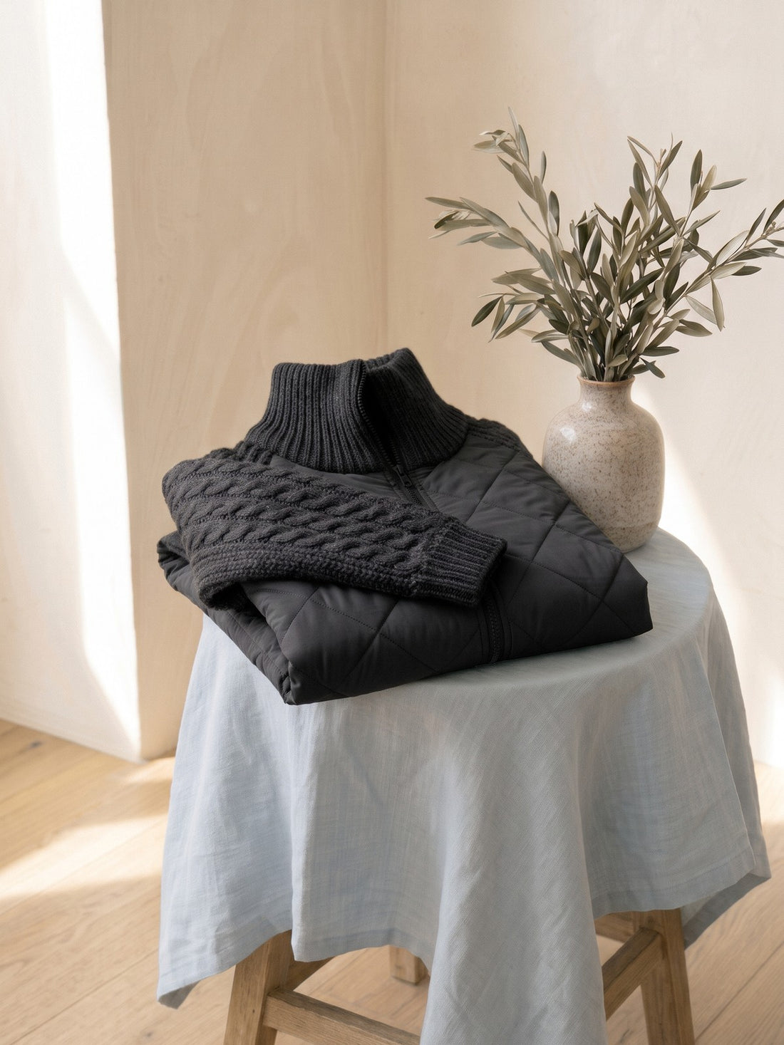Quilted Jacket with Cable-Knit Sleeves in Black