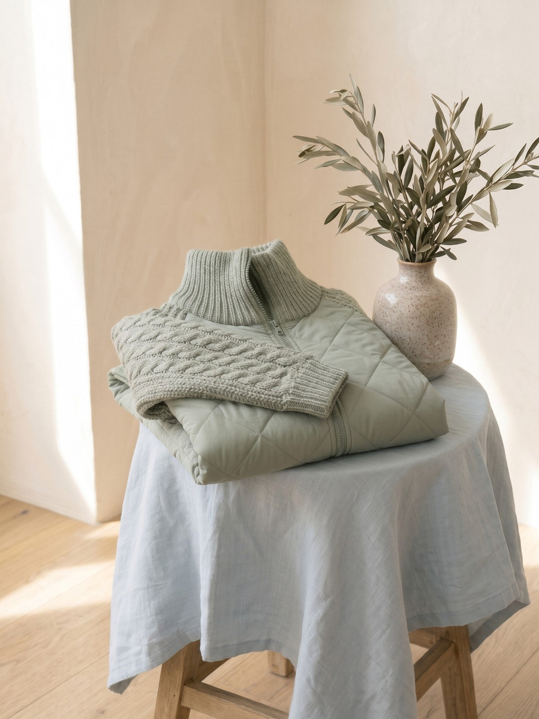 Quilted Jacket with Cable-Knit Sleeves in Sage