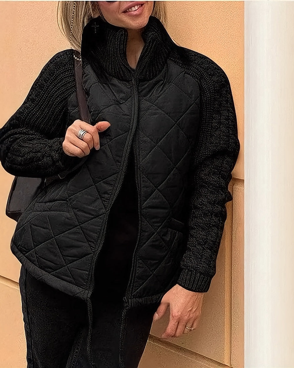 Quilted Jacket with Cable-Knit Sleeves – Black