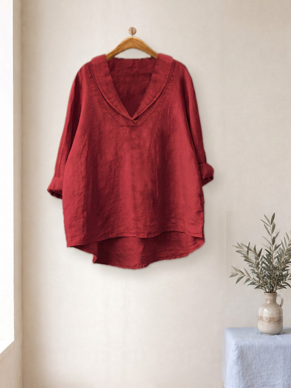 Relaxed V-Neck Linen-Look Top in Red