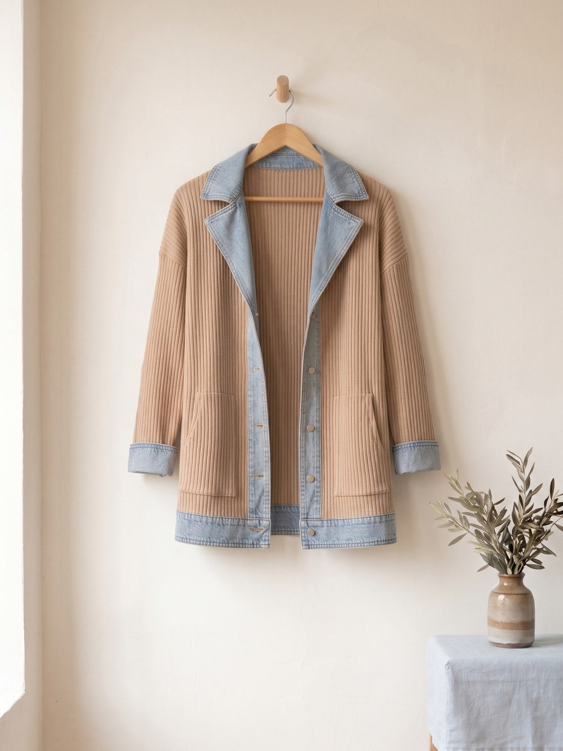 Rib-Knit Denim-Trim Jacket in Camel