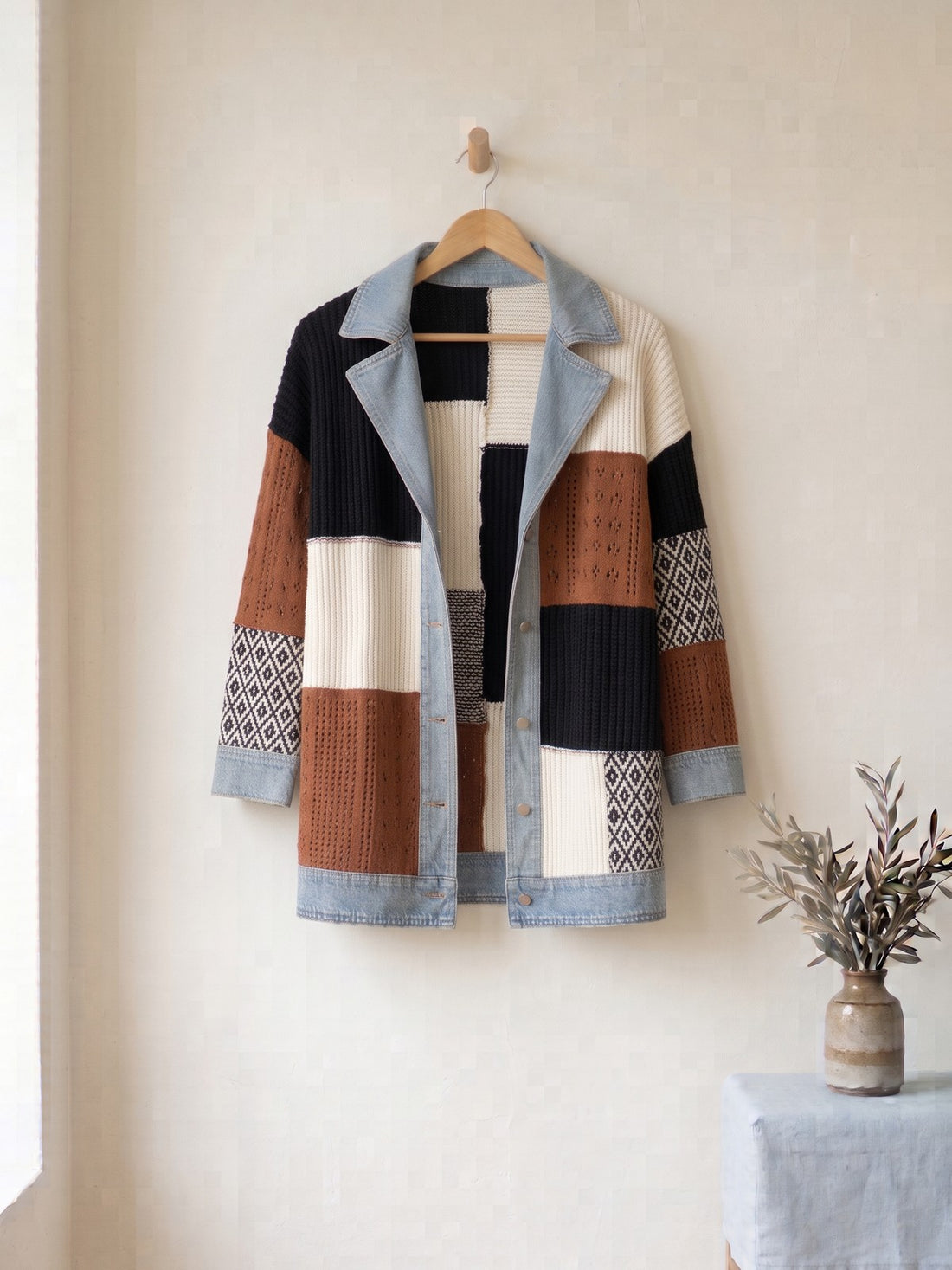 Rib-Knit Denim-Trim Jacket in Colour Block