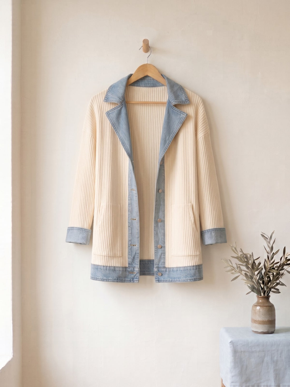 Rib-Knit Denim-Trim Jacket in Ivory