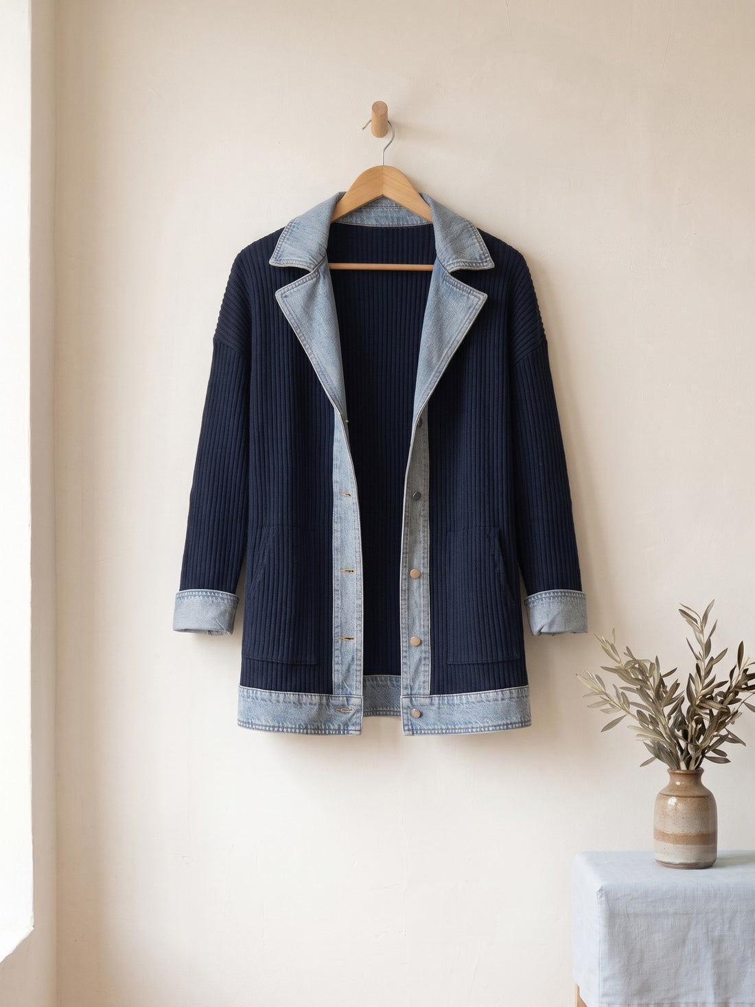 Rib-Knit Denim-Trim Jacket in Navy