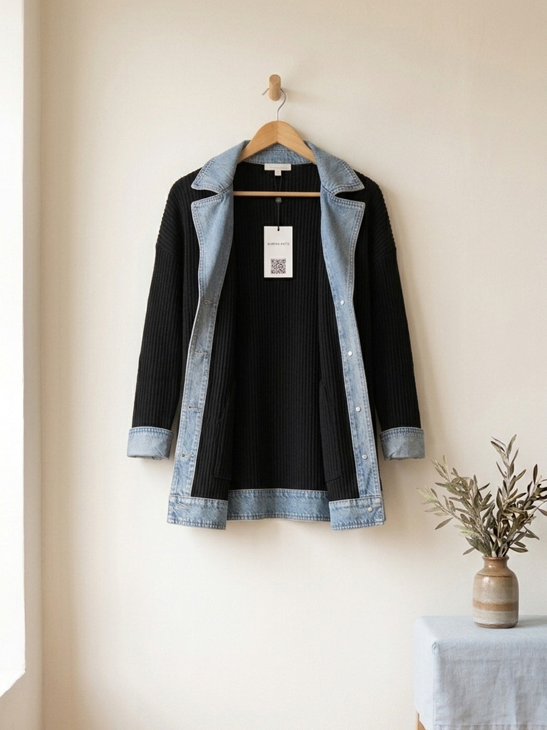Rib-Knit Denim-Trim Jacket on a wooden hanger