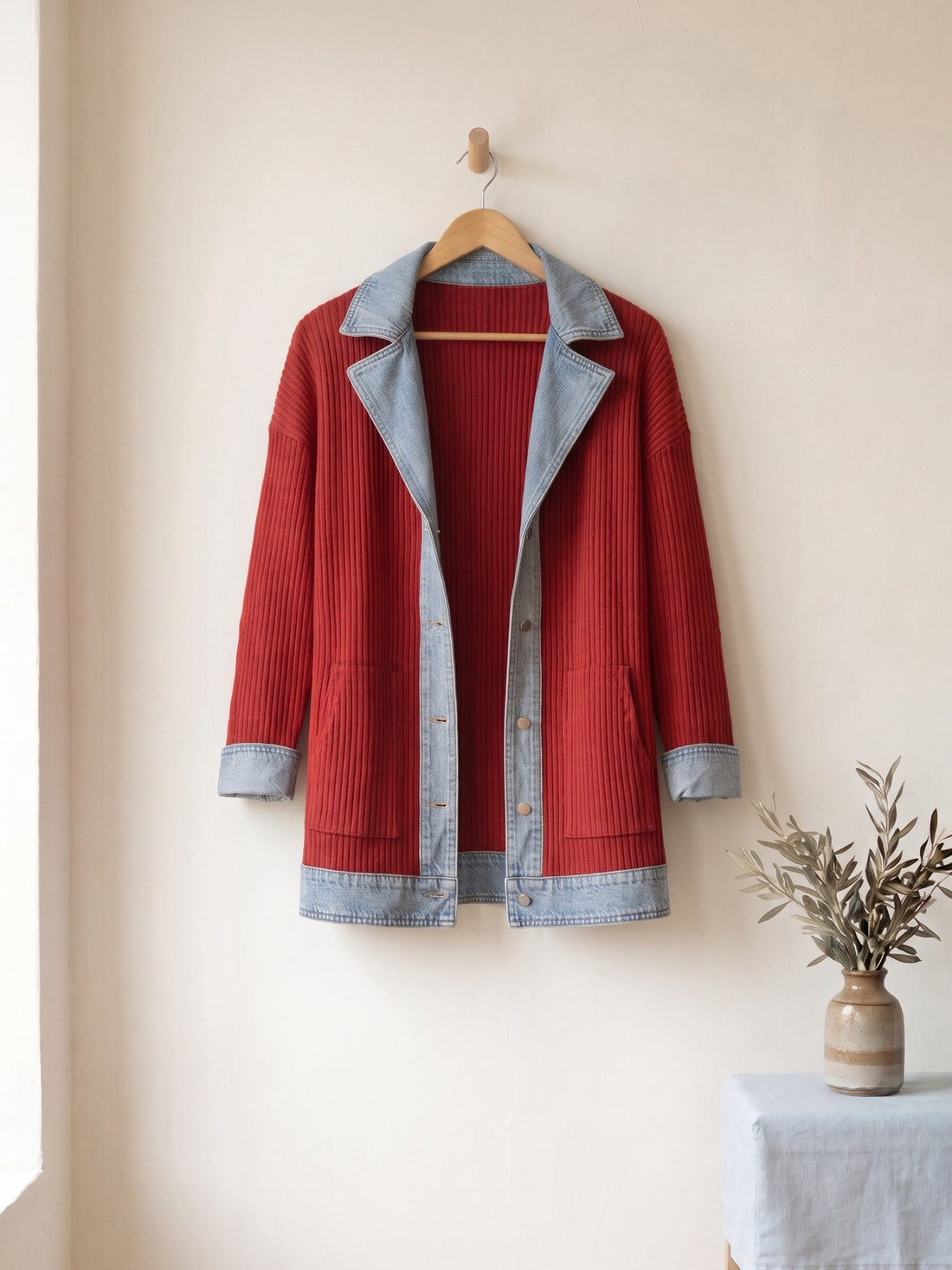 Rib-Knit Denim-Trim Jacket in Red
