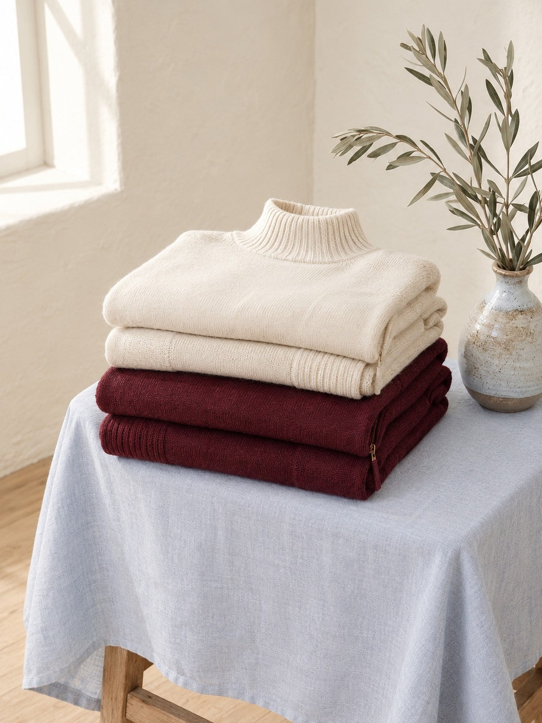 Roll-Neck Knit Co-ord Set in cream and burgundy, folded on a stool