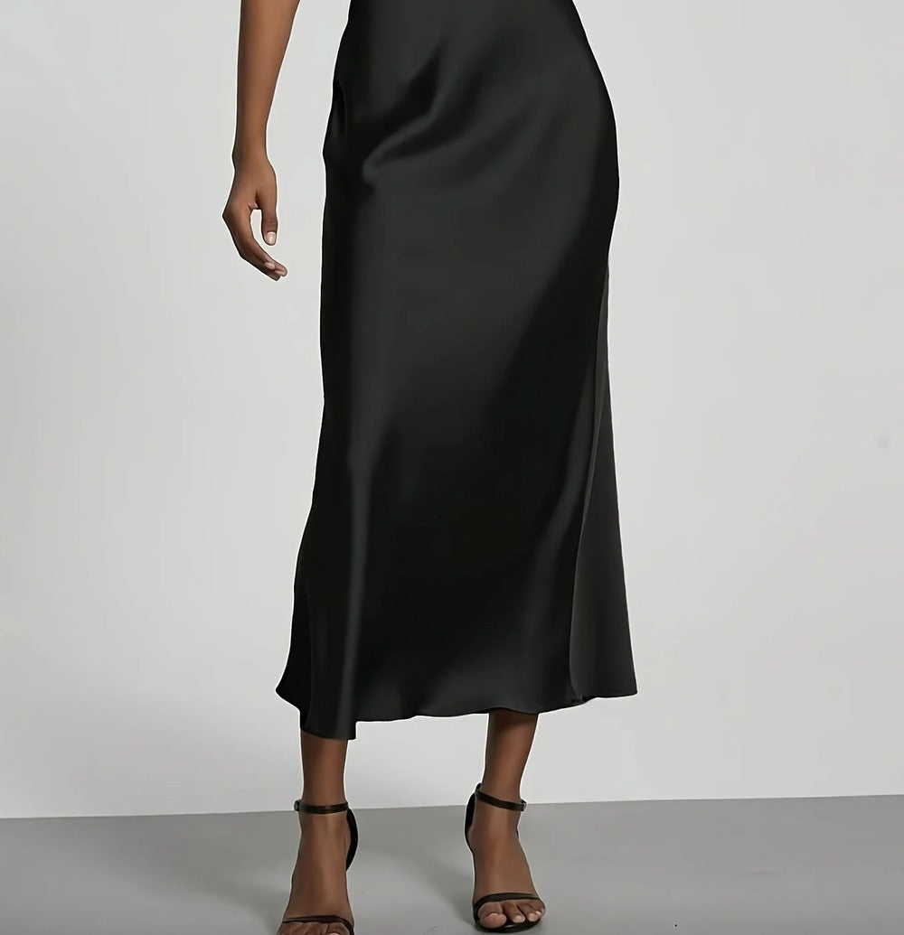 Black satin midi slip skirt